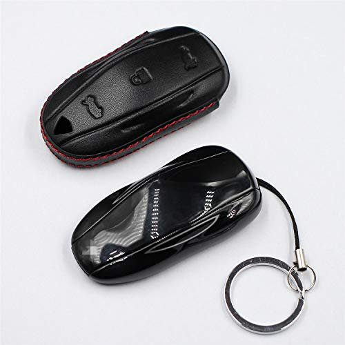 M.JVisun Genuine Leather Key Fob Cover for Tesla - Model S/Y/3, Car Remote Key Case with Keychain - Black