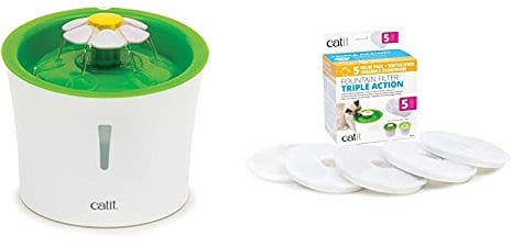 catit Fontaine à Fleurs Originale avec fenêtre de Niveau d'eau, 3 litres & Pack de 5 Filtres à Triple Action pour Abreuvoir pour Chat