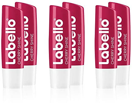 Labello Cherry Shine im 6er Pack (6 x 4,8 g), Lippenpflegestift mit zartrotem Glanz und Schimmerpigmenten und Kirscharoma, Lippenpflege ohne Mineralöle