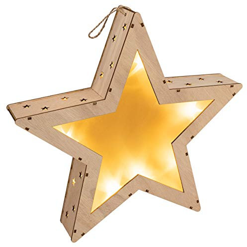 Holzstern LED Batterie Timer Weihnachtsstern 3D Optik Weihnachtsdeko Stern (35 x 35 cm)