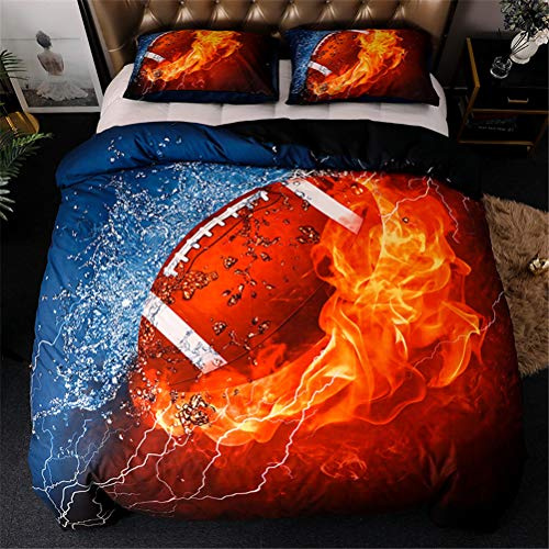 MOZEO 3D Football Bedding Duvet Cover Set 3 Piece (1 Duvet Cover+2 Pillowcase) for Teen Boys Sports Microfiber Bedding Quilt (Queen Football)