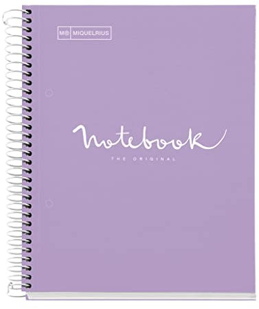 Miquelrius - Notizbuch A5 Notebook Emotions, 120 Blatt 90 g/m², Raster 5 x 5 mm, 5 Farbige Streifen, Mikroperforierte Spirale, Extra fester Einband, 2 Löcher, Farbe Lavendel