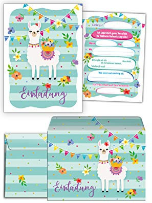 JuNa-Experten 12 Einladungskarten inkl. 12 Umschläge – Kindergeburtstag Mädchen, Lama Design, Einladungen zum Geburtstag