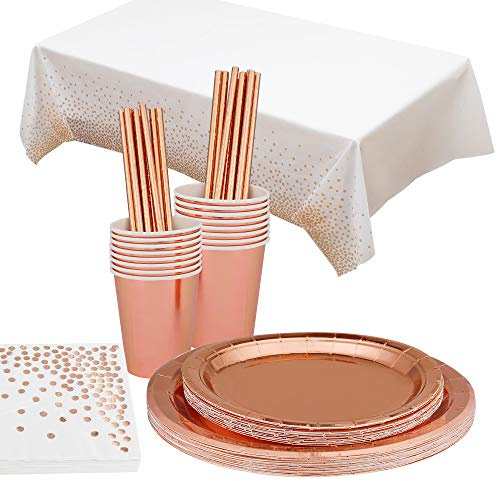 Vajilla Fiesta Oro Rosa Cubiertos Desechables Platos de Papel Tazas Pajitas Servilletas para Navidad Boda Baby Shower Aniversario 16 Invitados