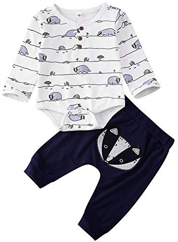 Geagodelia 3tlg Babykleidung Set Baby Jungen Kleidung Outfit Body Strampler + Hose + Mütze Neugeborene Kleinkinder Weiche Babyset Tier (6-12 Monate, Waschbär (Weiß & Blau - Langarm))