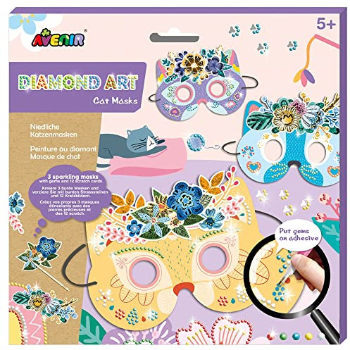 Avenir 6301767 DIY Juwelen Masken, Motiv Katze, Bastelset für Kinder, Kreativ-Set, ab 5 Jahren, Diamond Art, Strasssteine, Katzenmasken, Verkleidung