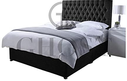 GHOST BEDS Florence Divan Bed Set 2 Drawers Same Side + 10 Luxury Orthopaedic Mattress + Free Matching 24 Headboard (Black Plush Velvet, 4FT6 DOUBLE)