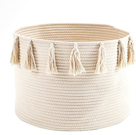 Baby Wäschekorb Geflochten Aufbewahrungskorb Boho Deko Korb, Wäschekorb Spielzeug Ablagekorb Große Baumwolle Seil Korb, Baumwollseilkorb Geflochtene Für Baby Spielzeuge Kinderzimmer (Beige)