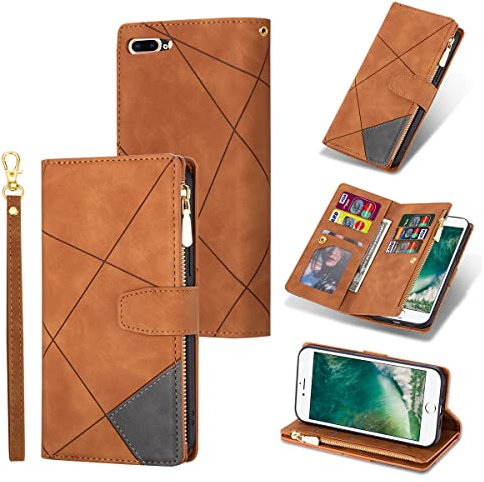 UEEBAI Hülle für iPhone 7 Plus iPhone 8 Plus, Retro Reißverschluss Handyhülle PU Leder Handytasche Silikon Bumper mit 9 Kartenfächer Standfunktion Geldbörse Trageband Schutzhülle Flip Case - Braun