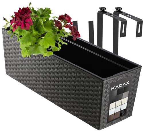 KADAX Blumenkasten 18,5x56 cm, Rattanmuster, Schwarz, mit Halterungen, mit Einsatz – wetterfester rechteckiger Pflanzkasten für Balkon und Outdoor