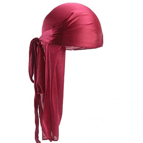 Men's Silky Durags Satin Pirate Cap Bandanas Turban Hat 360 Waves Headwraps with Long Tail Unisex - Wine Red