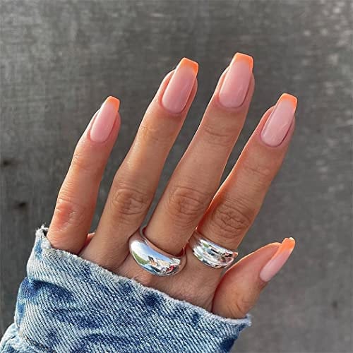 Sethexy Faux Ongles Français Carré Court Ongles a coller Orange Capsules Ongles Brillant 24 pièces Acrylique Ongles pour les femmes et les filles