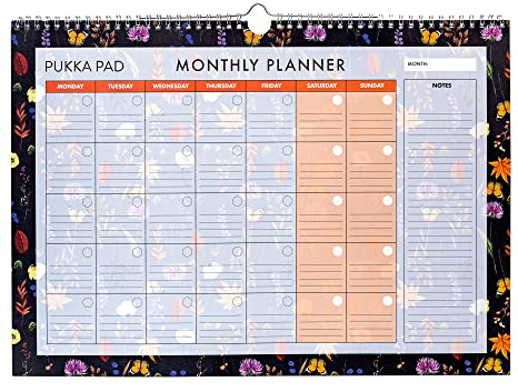 Pukka Pad, Bloom Monthly Wall Planner – 12 Sheets of 100GSM Paper for a Full Year of Daily Activities and Appointments – Top Wirebound with Loop – Black, 29.7 x 42cm