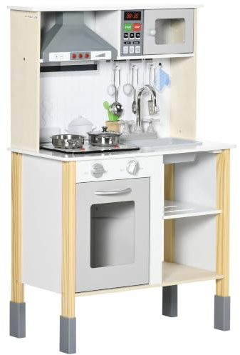 HOMCOM Cucina Giocattolo per Bambini Luci 60x30.5x93.2 cm Grigia e Bianca | Altezza Regolabile, Effetti Sonori, Utensili, in MDF e PP