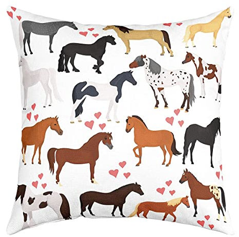 Pferd Kissenbezug 40 x 40 cm Niedlicher Tier Kissenbezug Auf Dem Bauernhof für Kinder Jungen Mädchen Teenager Cartoon Pferde Mit Rosa Liebhaber Herz Dekor Überwurf Kissenbezug Kawaii Cowboy Cowgirls