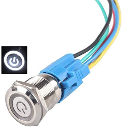 Hailege Latching Push Button Switch 16MM 12V-24V 5A 1NO1NC Fixed Self-locking Power Button Switch Stainless Steel Metal Angel Eye LED Light Key with Socket Plug Wire