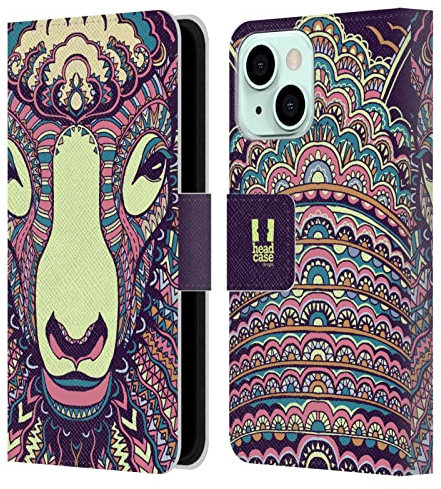 Head Case Designs Oveja Caras Animales Aztecas 2 Carcasa de Cuero Tipo Libro Compatible con Apple iPhone 13 Mini