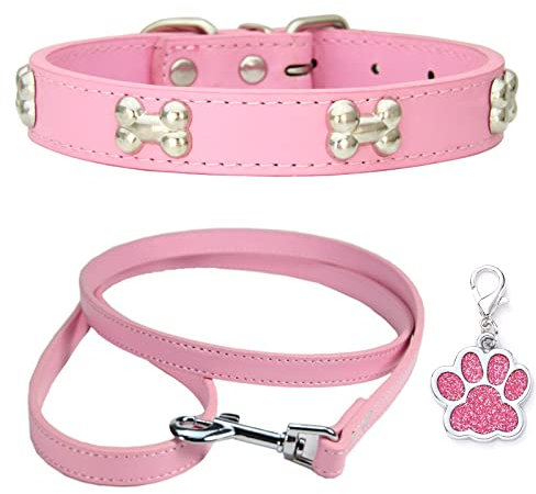 HALFSUMO Hundehalsband Leder Halsband Hundeleine Combo Set Hundehalsbänder Verstellbares Welpenhalsband für Kleine Mittelgroße Hunde Katzen Rosa XS