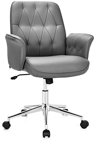 COSTWAY PU Leather Office Chair, Height Adjustable Swivel Computer Desk Chair with Rocking Function and Universal Wheels, Ergonomic Mid Back Executive Task Chair for Home Office, Grey