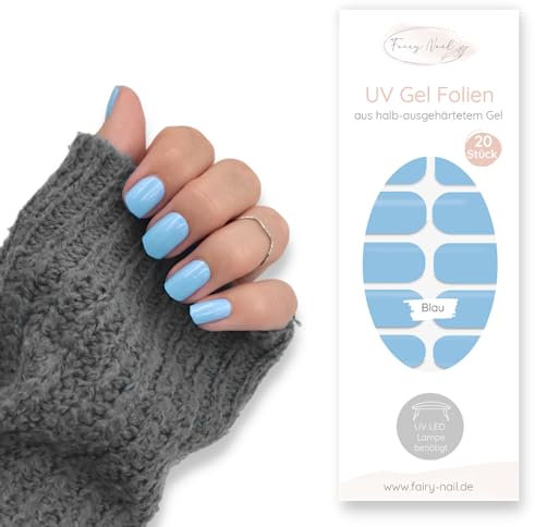 Fairy Nail UV Nagelfolien selbstklebende Gelfolien halb ausgehärtet 20 Stück Nailwraps Nagellackstreifen zum aufkleben… (Blau)