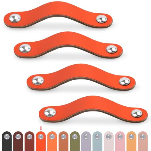 LEREATI Ledergriffe für Möbel 4 Stück Schrankgriffe mit Schrauben Möbelgriffe Vintage Schubladengriff Knöpfe Möbelgriff Leder für Küchenschränke Schränke Bad (Orange, für 160mm Loch Mitte)
