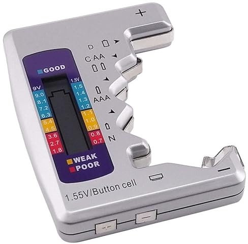 Comprobador digital de pilas LCD con pantalla retroiluminada, medición precisa, útil para verificar carga de pilas y baterías.