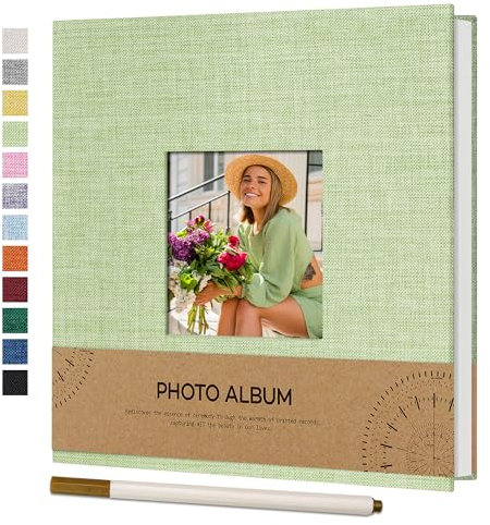 Vienrose Fotoalbum Selbstklebend Einkleben 10x15 Klein Leinen Photo Album mit 40 Weißen Seiten, Hochzeit Jahrestag Geburtstag Fotoalben mit Einem Kugelschreiber, 17x18cm, Grasgrün
