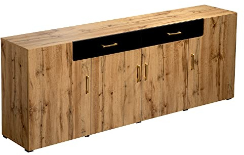 Azkoeesy Credenza 208 x 39,5 x 80 cm, colore legno naturale con maniglie dorate, con 4 ante e 2 cassetti, mobile TV, mobile da cucina, buffet, per soggiorno/sala da pranzo/cucina