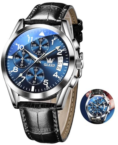 OLEVS Schwarz Uhren Herren Großes Blau Zifferblatt Chronograph Herren Armbanduhr Analog Kleid Lederarmband Herrenuhren mit Datum Arabische Ziffern Moderne Leuchtend Quarz Männer Uhr Wasserdicht
