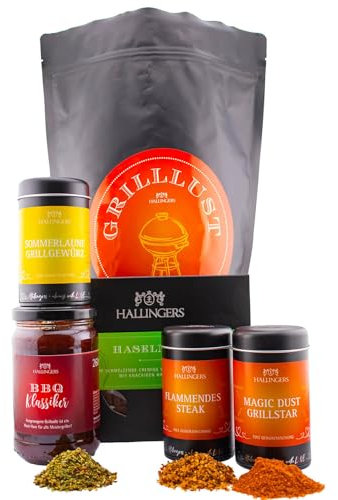 Hallingers Grilllust XXL - Grillen Wundertüte XXL Geschenkset Grillsoße, 3 Gewürze/Rubs Magic Dust & Tafel Schokolade (Bag) - Geschenk im Sommer & als perfektes Grillgeschenk | Geburtstag Glückwunsc