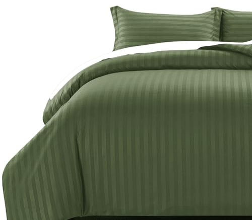 MOONLIGHT20015 Super King Duvet Set Reversible Stripes Satin Bedding Sets with 2 Pillowcases Soft Hypoallergenic Duvet Cover (Olive Green 260x220)