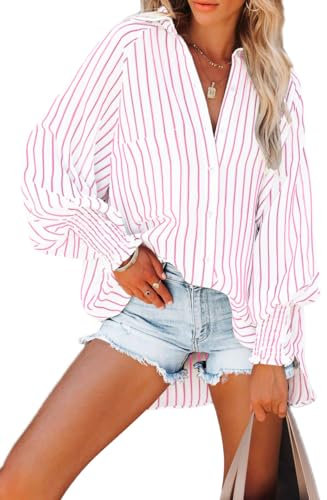 Paintcolors Chemise boutonnée en coton pour femme avec poches et manches longues et col en V, Rayé rose blanc_a44, Medium