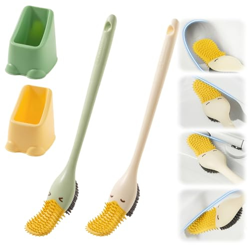 Toilettenbürste, Klobürste Silikon Niedliche Enten Klobürste Silikon mit Flachem und Biegsamem Kopf Klobürste mit Randreiniger Toilettenbürste Klobürste Wandmontage mit Aufbewahrung (Grün+Gelb)