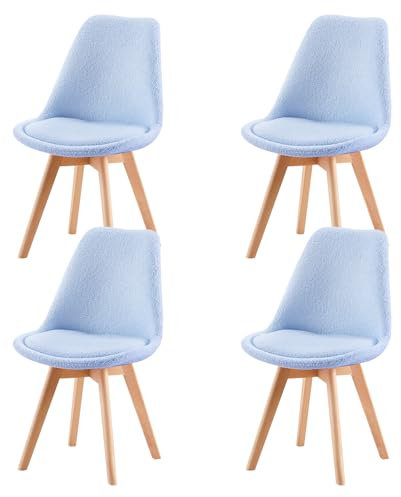 H.J WeDoo 4er Set Nordic Lamm Plüsch Esszimmerstuhl,Küchenstuhl mit Massiven Buchenstuhl Beinen und Lammwolle Kissen,Geeignet für Casual Stühle in Büros,Küchen und Räumen,Blau