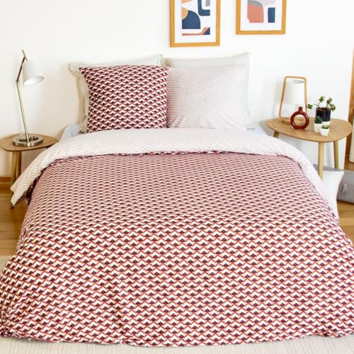 Parure de lit 220x240 cm imprimée Adulte - Housse de Couette 220x240 cm + 2 Taies d'oreiller 63x63 cm géométrique Rouge Blanc et Rose– Sets de Housse de Couette en Microfibre