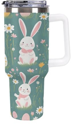 Quteprint 40oz Insulated Stainless Steel Tumbler with Handle, Cute Easter Bunny Eggs Leakproof Water Bottles Travel Mug with Lid And Straw for Water, Iced Tea Or Coffee, Suitable for Most Car Cup Hold