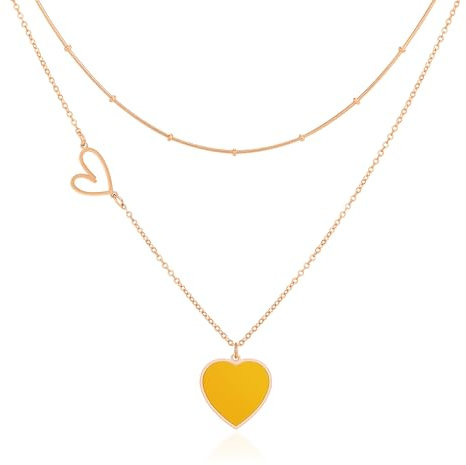 Linawe Gioielli da donna in acciaio inossidabile, collana a catena a cuore, set di catene a strati con ciondolo a catena gialla, catena in oro rosa con ciondolo