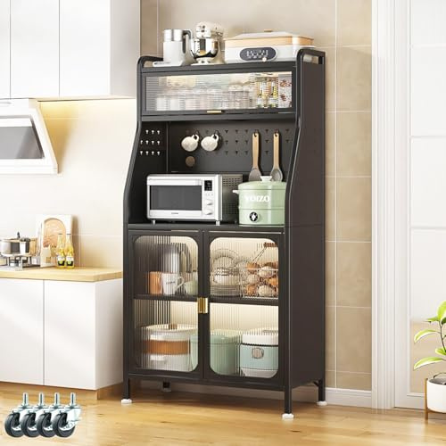 YOIZO Mueble Auxiliar de Cocina Estantería Cocina Negro 36x76x162cm con Puertas y Estantes, 5 Niveles Estanteria 4 Patas Ajustables y Ruedas Giratorias Negro, (76cm)