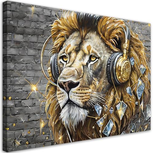 Feeby Leinwand Bilder - Lion DJ Musik - Canvas 90x60 cm - Deko Wohnzimmer - Wandbilder Schlafzimmer - Deko Aesthetic - Wand Deko - Leinwand Groß - Deko Zimmer - Leinwandbilder XXL
