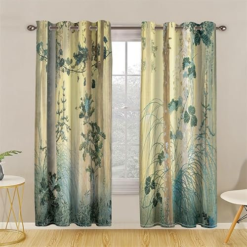 Curtain Gelber Baum Blau Blackout Curtain Weich Gardinen Wohnzimmer Waschbar Vorhang mit ösen Verdunklungsvorhänge Polyester Gardinen Vorhänge Living Room Scheibengardinen 2x100x240
