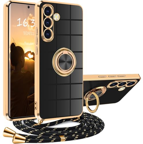XCYYOO Hülle für Samsung Galaxy A56 5G mit Band, Handyhülle Samsung Galaxy A56 mit Kette Kordel Ständer Kratzfest Silikon Handykette Stoßfeste Schutzhülle für A56 5G Samsung, Schwarz