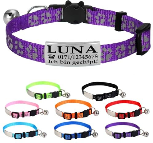 Ibera gifts - Katzenhalsband Personalisiert, Katzenhalsband mit Namen Für Katzen mit Sicherheitsverschluss Selbstöffnend, Reflektierend (Lila)