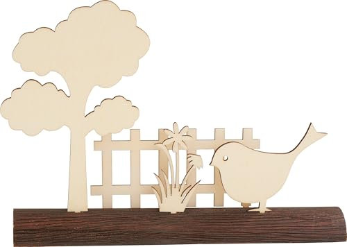 VBS Holz-Steckmotiv auf Baumstamm 20x14,5cm Oster-Deko aus Sperrholz unbemalt, Bemalen und Dekorieren mit Farben, Pasten und Papieren Vogel am Gartenzaun
