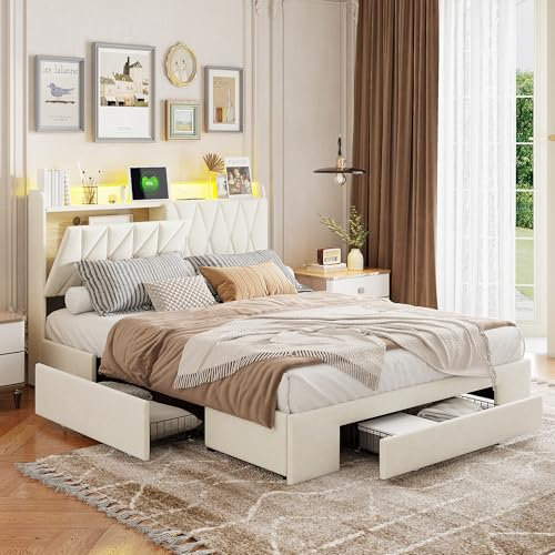 QMTXBYJ Polsterbett Doppelbett 140x200 cm, Stauraumbett mit 4 Schubladen, Bett 140x200 mit Bettkasten und Lattenrost, Staufach-Kopfteil mit LED und USB Ladestation, Jugendbett Funktionsbett, Samt