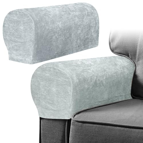 Armrest Chair Covers, Set of 2 Anti-Slip Stretch Chenille Couch Arm Cover with 10 Twist Nails, Armrest Covers Thickened Arm Caps Slipcovers for Sofa Couch Chair Recliner Protector, Aurora Silver