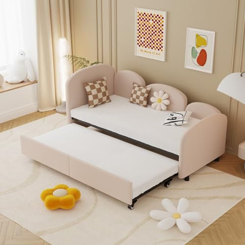 KOMHTOM Lit Enfant 90x200cm avec Tiroir de Rangement et Sommier à Lattes, Canapé Rembourré avec Convertible Lit Gigogne, Cadre de lit Moderne pour Ados(sans Matelas) (Rose)