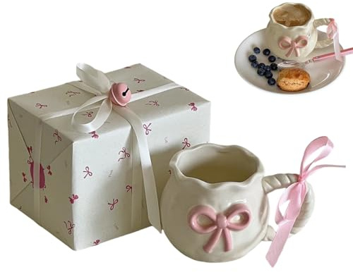 Ceramic Mug, Cute Bow Ceramic Coffee Mug with Creative Rope Handle for Home Office, Embossed Honey Pot Shaped Porcelain Cups, Bow Packaging..