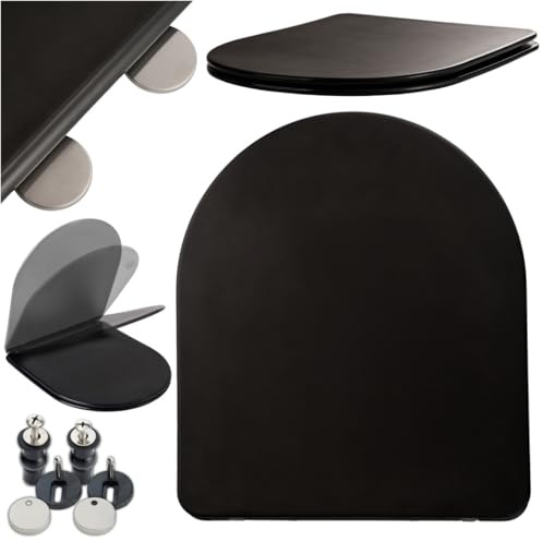 ASATO WC Sitz mit Absenkautomatik aus Duroplast Schwarz Glänzend - Toilettendeckel Antibakteriell, Rutschfest, Kratzfest mit Universal Passend 5–22 cm - Klodeckel Hochbelastbar bis 180 kg
