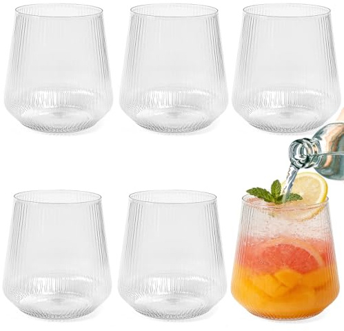 Vunanvu 6 PCS Vasos de Plástico Duro Reutilizables 340ml, Copas de Vino Sin Tallo, Vasos Irrompibles Transparentes, Vaso Acanalado para Agua Zumo Bebida Cóctel en Casa, Restaurantes, Oficina o Fiestas