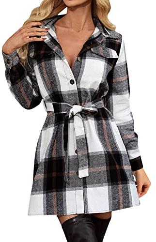 Generisch Veste d'hiver pour femme - Motif treillis - Manches longues - Boutonnière - Manteau long